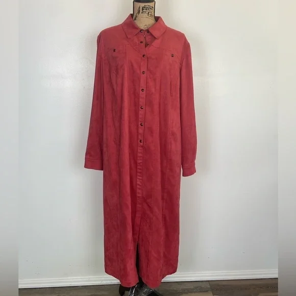 Talbots Dress Size 14W Cherry Pink Long Vintage Faux Suede Stretch Long Sleeve - Picture 1 of 11